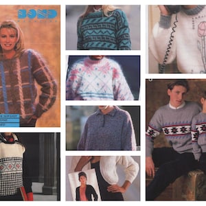 May include: A collage of vintage knitwear designs from a magazine. The images showcase various sweaters with geometric patterns, floral motifs, and textured knits. The color palette includes shades of gray, blue, pink, and white, reflecting the fashion trends of the era.