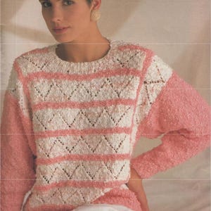 May include: A woman wearing a pink and white sweater with a diamond pattern and horizontal stripes. The magazine cover has the word "BOND" at the top and text at the bottom that reads "FUN FLAPS FOR KIDS", "7 NEW PATTERNS", and "COTTON FASHIONS".