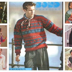 May include: A collage of images featuring knitted sweaters and jackets. One image shows a man wearing a red, blue, and green patterned sweater. Other images include a child in a sweater with a doll design, and a woman in a black sweater.