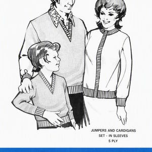 May include: A black and white line drawing of three people wearing knitwear, including a V-neck sweater and a button-up cardigan. The text reads JUMPERS AND CARDIGANS SET - IN SLEEVES 5 PLY. A blue horizontal bar at the bottom features the word brother.