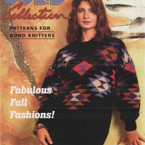 May include: Magazine cover showing a woman in a black sweater with a geometric design in red, purple, and beige. Text includes "BOND Collection" and "Fabulous Fall Fashions!"
