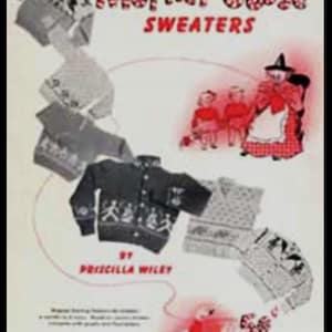 Puede incluir: Anuncio vintage de "Mother Goose SWEATERS" de Priscilla Wiley. La imagen presenta varios suéteres en varios diseños, una ilustración de dibujos animados de Mamá Oca y niños, y texto. La paleta de colores incluye rojo, negro, blanco y gris.