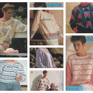 May include: Collection of vintage knitwear patterns. Includes a cream-colored sweater with floral designs, a striped cardigan, and a sweater with geometric patterns in pink, green, and black. Also features a child's sweater with floral details.