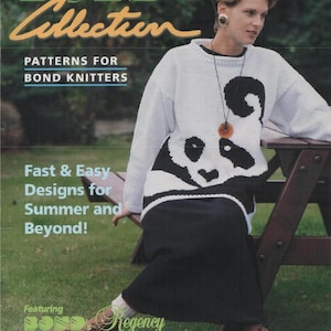 May include: A magazine cover featuring a woman wearing a white sweater with a black panda design. The magazine title reads "BOND Collection" with the text "PATTERNS FOR BOND KNITTERS" and "Fast & Easy Designs for Summer and Beyond!" The magazine also features "BOND Regency WINDSOR Yarn!"