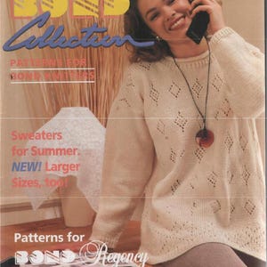 May include: Magazine cover showing a woman in a cream-coloured sweater with diamond-shaped cutouts. The magazine title is "BOND Collection", with text about patterns for knitters and summer sweaters. It also mentions "WINDSOR Yarn!"
