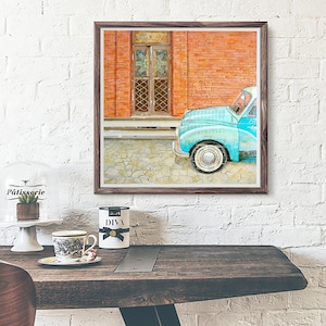 Curb Appeal Fine Art PRINT or CANVAS, Unframed, Italian Antique Classic Vintage Retro Car Doorway, Mixed Media Collage Painting, All Sizes image 1