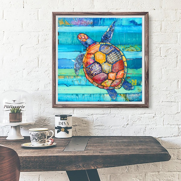 Honu -Hawaiian Honu Sea Turtle art PRINT or CANVAS, Unframed vintage coastal sea ocean wall home decor summer gift painting, All Sizes