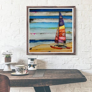Sail Away - Fine Art PRINT or CANVAS, Unframed,  Sailboat Sailing Vintage Beach Coastal Decor, Mixed Media Collage Painting Gift, All Sizes
