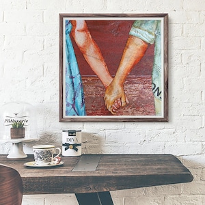 Two Lovers Entwined, Fine Art PRINT or CANVAS, Unframed, Couple Holding Hands Wall Home Decor, Mixed Media Collage Painting Gift , All sizes