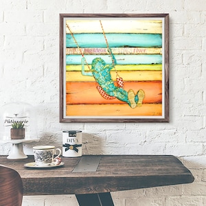 Frequent Flyer - Fine Art PRINT or CANVAS, Unframed,  Little Girl Child Swinging, Mixed Media Collage Painting Gift, All Sizes