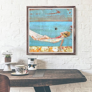 Soul Resting - Fine ART PRINT or CANVAS, Beach art, Hammock, Coastal wall home decor, Mixed Media Collage, Summer gift, All Sizes