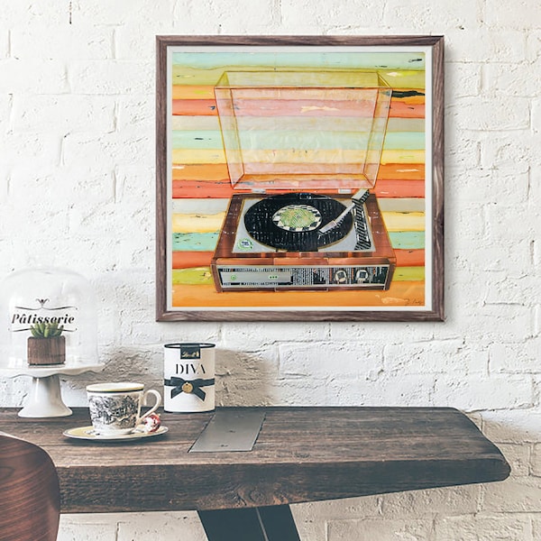 Put A Needs on the Record - Art PRINT or CANVAS retro vintage vinyl record player collage mixed media fine art painting, All Sizes