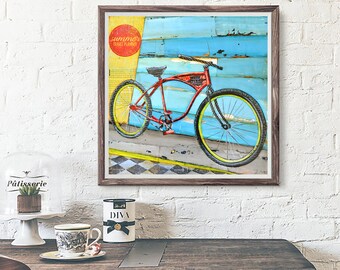 Cruise Control - ART PRINT or CANVAS - Bicycle Bike Cycling Mixed Media Collage Fine Art Painting, All sizes