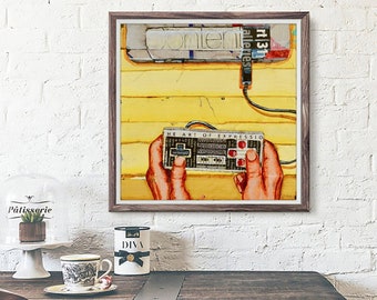 Hands On - Retro Vintage Controller Inspired Gaming ART PRINT wall decor mixed media collage fine art painting, gaming gift, All Sizes