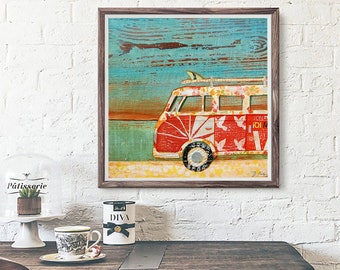 Santa Cruise, Fine Art PRINT or CANVAS, Unframed, Vintage Antique Classic Car Van Bus, Coastal Ocean Wall home Decor Painting, All Sizes
