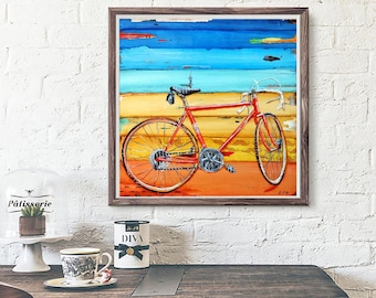 Million Miles- Fine Art PRINT or CANVAS, Unframed,  Biking bicycle Bike Home Decor, Mixed Media Collage Painting, All Sizes