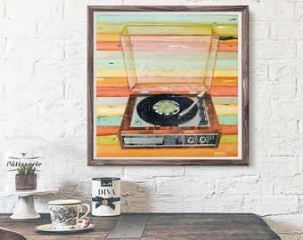 Put A Needs on the Record - Art PRINT or CANVAS retro vintage vinyl record player collage mixed media fine art painting, All Sizes