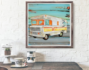 Family Vacation, Fine Art PRINT or CANVAS, Unframed,  Vintage Retro Winnebago Rambler Mixed Media Collage Painting, All Sizes