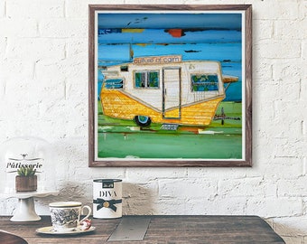 Oceanfront Property- Fine Art PRINT or CANVAS, Shasta Vintage Rv Retro Camper, Camping Beach Decor, Mixed Media Collage,Summer art,All Sizes