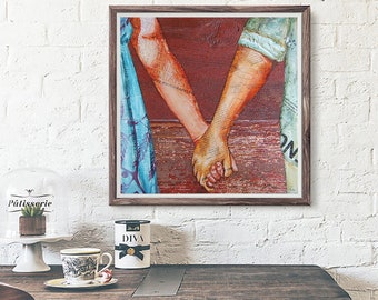 Two Lovers Entwined, Fine Art PRINT or CANVAS, Unframed, Couple Holding Hands Wall Home Decor, Mixed Media Collage Painting Gift , All sizes