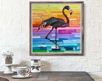 Lovely Longneck - Silhouette Pink Flamingo  Art PRINT or CANVAS, Unframed, Vintage nature wall home decor summer gift painting, All Sizes