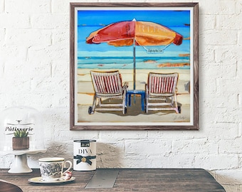 Stylin' - Paraguas y sillas en Beach ART PRINT o CANVAS, Unframed, Ocean sea love retirement poster wall home décor, All Sizes