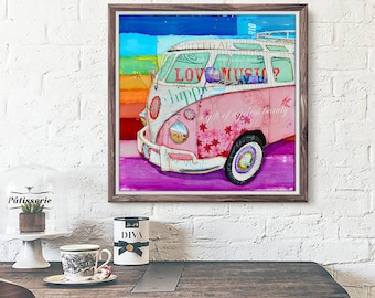 Pretty in Pink - Danny Phillips ART PRINT or CANVA, Unframed, antique classic car van retro beach wall decor poster painting gift, All Sizes