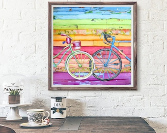 Spoken For - Fine Art PRINT or CANVAS, Bike Biking Cycling Wedding Engagement Anniversary Gift, Mixed Media Collage painting, All Sizes