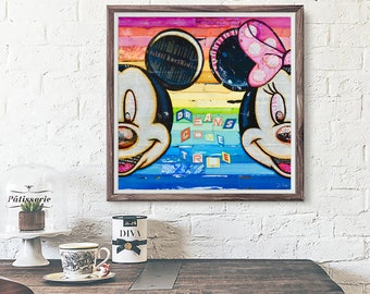 Dreams Come True -Art PRINT or CANVAS, Mickey and Minnie Mouse, Disney Wall Art Decor Poster, Mixed Media Collage Gift, All Sizes