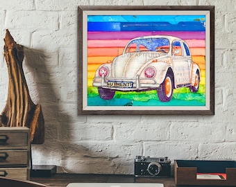 Well Rounded- Fine Art PRINT or CANVAS, Unframed,  Classic Vintage Retro Car Auto, Mixed Media Collage Painting, All Sizes