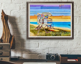 The Look Out - Fine Art PRINT or CANVAS, Unframed, Lifeguard Stand, Beach Shack Coastal wall home decor mixed media painting gift, All sizes