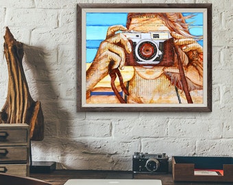 Camera Ready - Fine Art PRINT or CANVAS, Unframed,  Summer Beach Art, Vintage Retro Camera Wall Home Decor painting gift, All Sizes