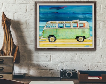 Bussin' - Fine Art PRINT or CANVAS, Unframed, Classic Vintage Antique Retro Teal Green Blue Car Van Bus, Coastal Wall Home Decor, All Sizes