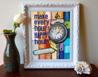 Print, Art, Art print, Happy Hour, grandfather clock, retro, inspirational art, girlfriend birthday gift, wall decor, home poster, All Sizes