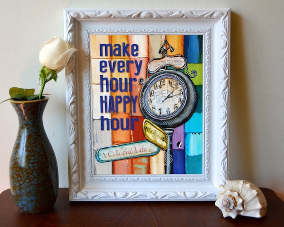 Print, Art, Art print, Happy Hour, grandfather clock, retro, inspirational art, girlfriend birthday gift, wall decor, home poster, All Sizes