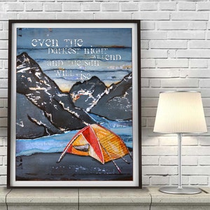 Moonlight Sonata - Fine Art PRINT or CANVAS, Unframed,  Camping Tent Mountains River Painting, Mixed Media Collage Gift, All Sizes