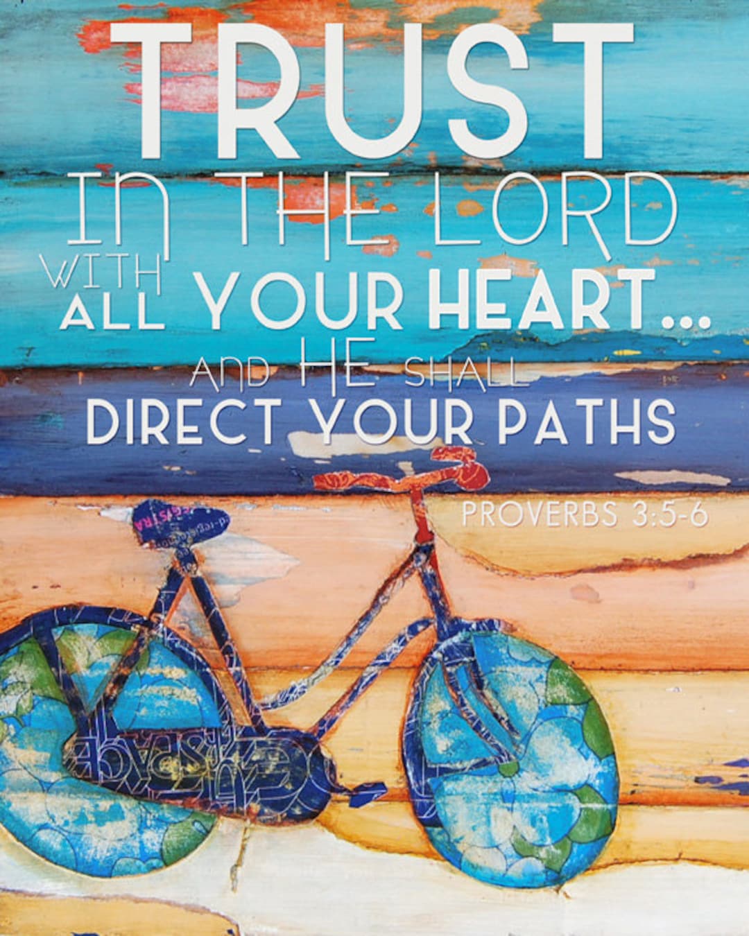 ART PRINT Proverbs 356, Christian Scripture Bicycle Beach Ocean Inspirational Bible Verse Wall