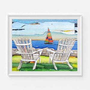 Multi-Slacking, Fine Art PRINT or CANVAS, Unframed, Adirondack Chairs Sailboat Beach Lake Coastal wall home decor painting gift,All sizes