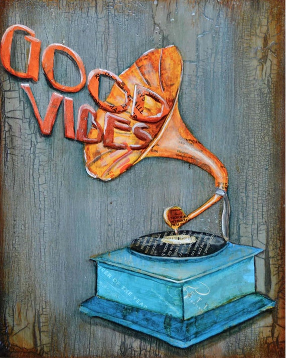 Vintage Record Player ART PRINT phonograph good vibes motivational inspirational print wall decor poster collage painting collage,All Sizes