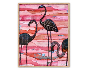 Three Amigos - Silhouette of Pink Flamingos -Mixed Media Collage Fine ART PRINT or CANVAS - Unframed- Nautical wall coastal decor, All Sizes