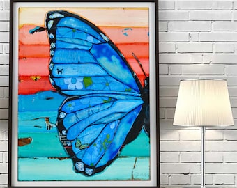 Majestic Morpho -Butterfly- Mixed Media Collage Fine ART PRINT or CANVAS - Nature artwork wall decor, All Sizes