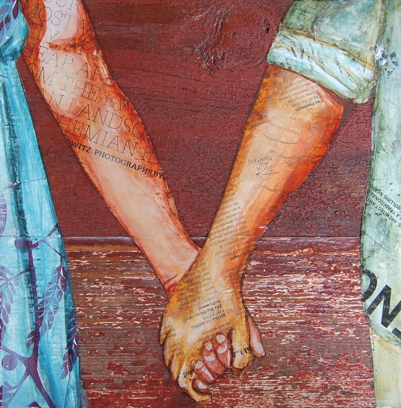 Two Lovers Entwined, Fine Art PRINT or CANVAS, Unframed, Couple Holding Hands Wall Home Decor, Mixed Media Collage Painting Gift , All sizes image 5