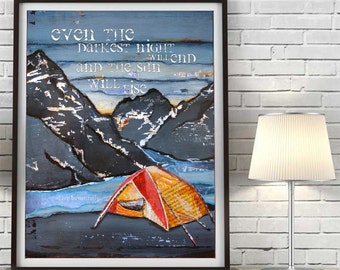 ART PRINT o CANVAS Mountain River Camping Tent Victor Hugo Quote inspirador home décor wall art wedding gift poster painting, All Sizes