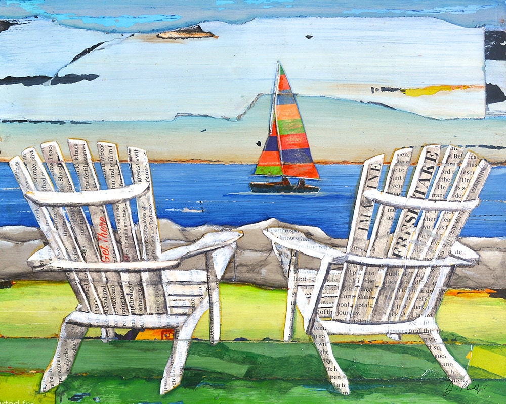 Adirondack Chairs Sailboat Beach Lake Art Print Or Canvas Coastal
