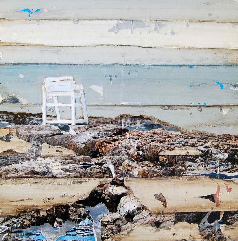 Marginal Way Fine Art PRINT or CANVAS, Lifeguard Chair,Rocky Coast, Maine Beach Wall Decor, Mixed Media Collage Painting Gift, All Sizes image 4