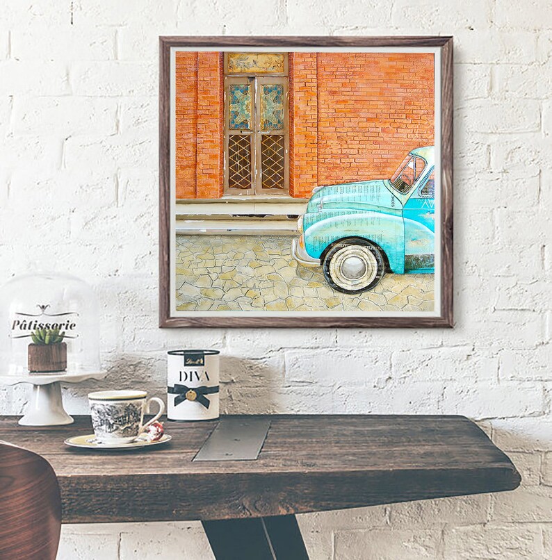 Curb Appeal Fine Art PRINT or CANVAS, Unframed, Italian Antique Classic Vintage Retro Car Doorway, Mixed Media Collage Painting, All Sizes image 1