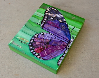 Purple Reign - Butterfly - Mixed Media Collage 8"x10" by 1.5" Deep on Raised Wooden Canvas
