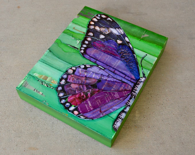 Purple Reign - Butterfly - Mixed Media Collage 8"x10" by 1.5" Deep on Raised Wooden Canvas