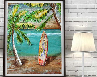 Surf's Up- Fine Art PRINT or CANVAS, Unframed, Surfboard Hawaii Beach Coastal Summer Wall Home Decor Mixed Media Collage Painting, All Sizes