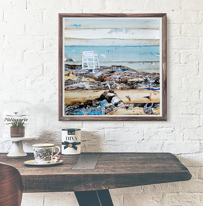 Marginal Way Fine Art PRINT or CANVAS, Lifeguard Chair,Rocky Coast, Maine Beach Wall Decor, Mixed Media Collage Painting Gift, All Sizes image 1